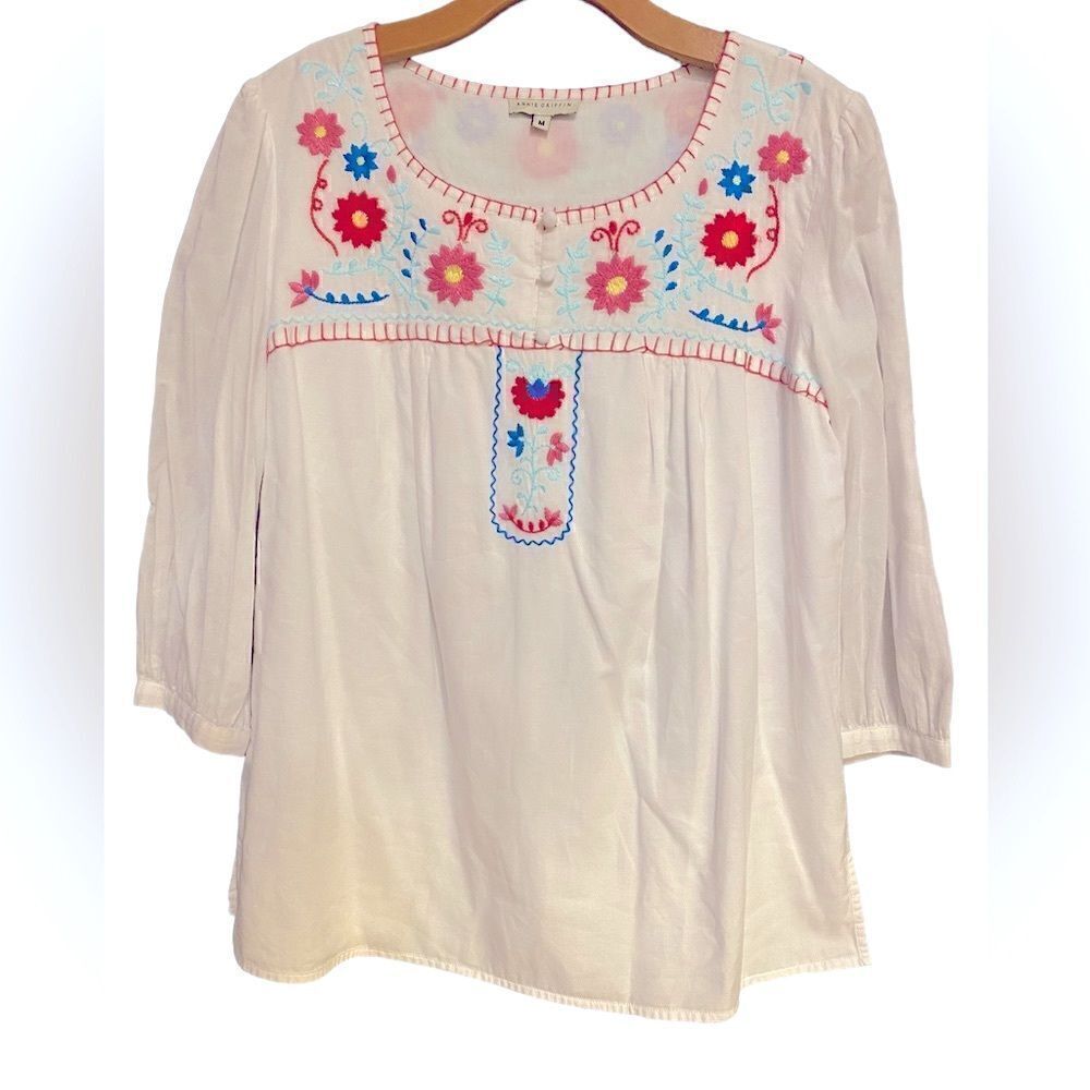Annie Griffin Sz M White Boho Peasant Embroidered Floral Relaxed Flowy Blouse